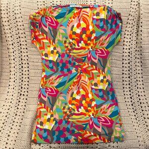 Trina Turk Arena Bright Retro Print Boatneck Ruched Cap Sleeve Dress Size Large